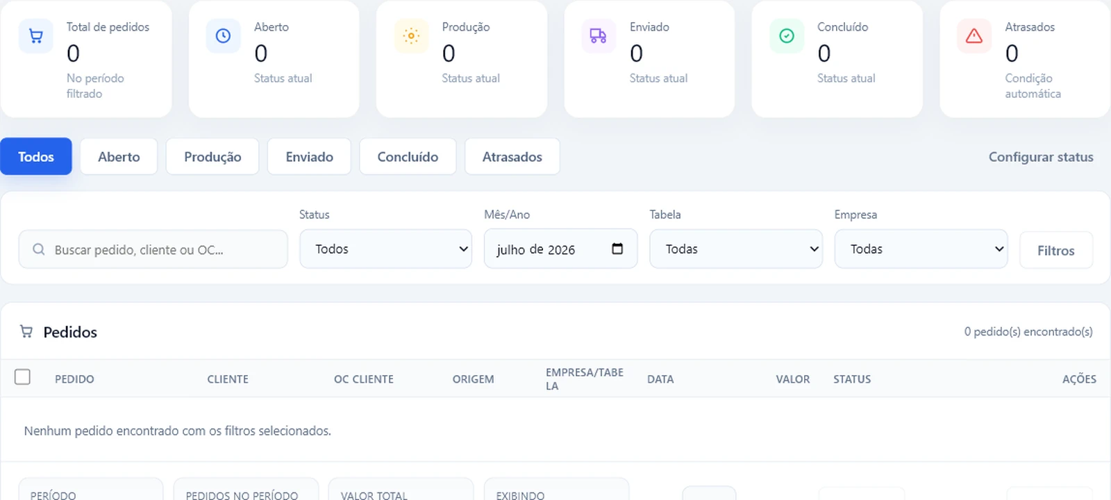 Preview real de pedidos com etapas, filtros e acompanhamento